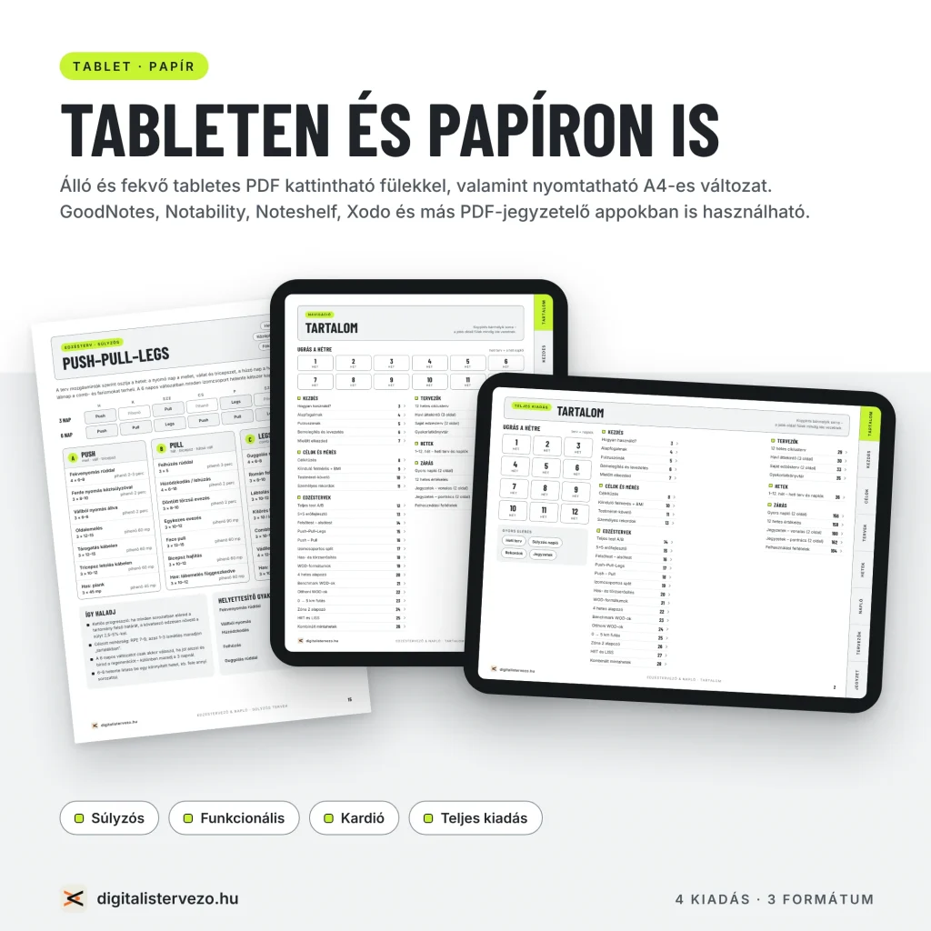 Edzésnapló, edzéstervező nyomtatható, letölthető pdf. Tableten való haználatra is